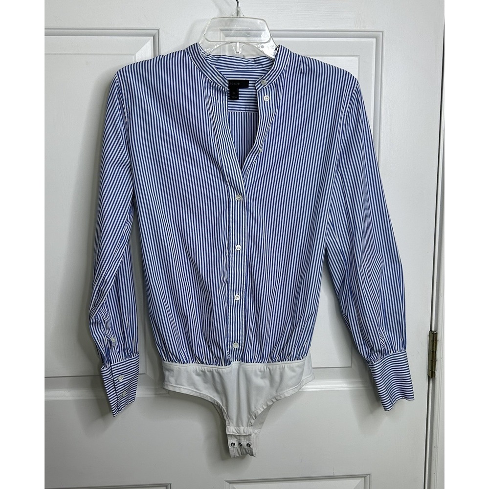J Crew Blouse Bodysuit Women's 2 Button Front Blue White Striped Officewear READ